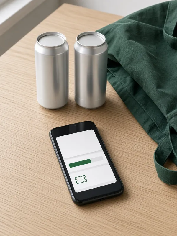 Smartphone met een wallet-scherm naast twee lege blikjes en een groene tas op tafel