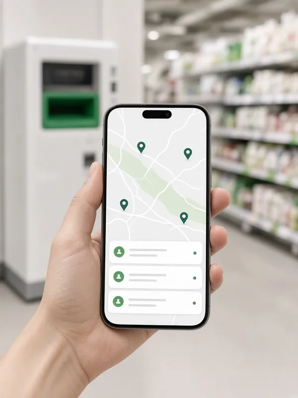 Hand met een smartphone die een kaart met inleverpunten toont in de supermarkt