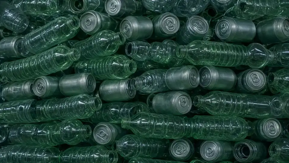 Gestapelde lege plastic flessen en blikjes in een groene tint