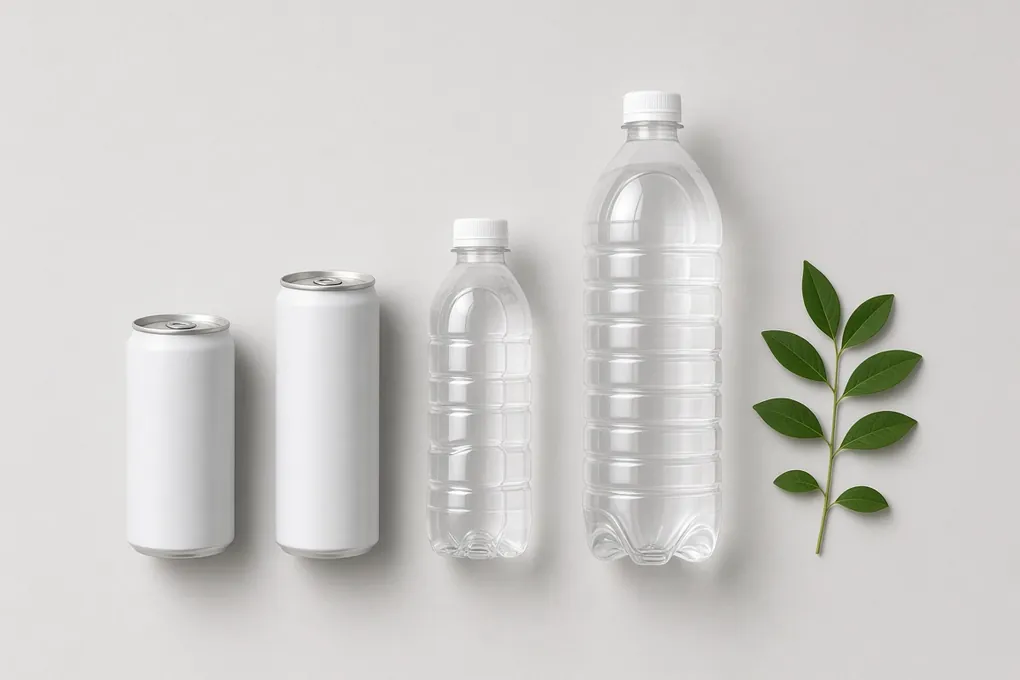 Twee blikjes, een kleine en een grote plastic fles naast elkaar op een lichte ondergrond