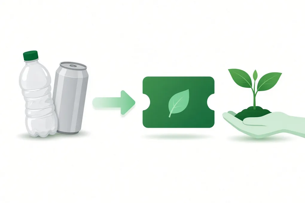 Illustratie van een fles en blikje die via een groen lot een jonge plant in een hand steunen