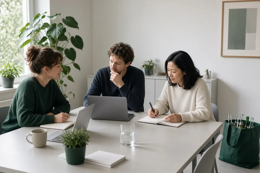 Drie mensen overleggen aan een lichte tafel met laptops, notitieboeken en planten